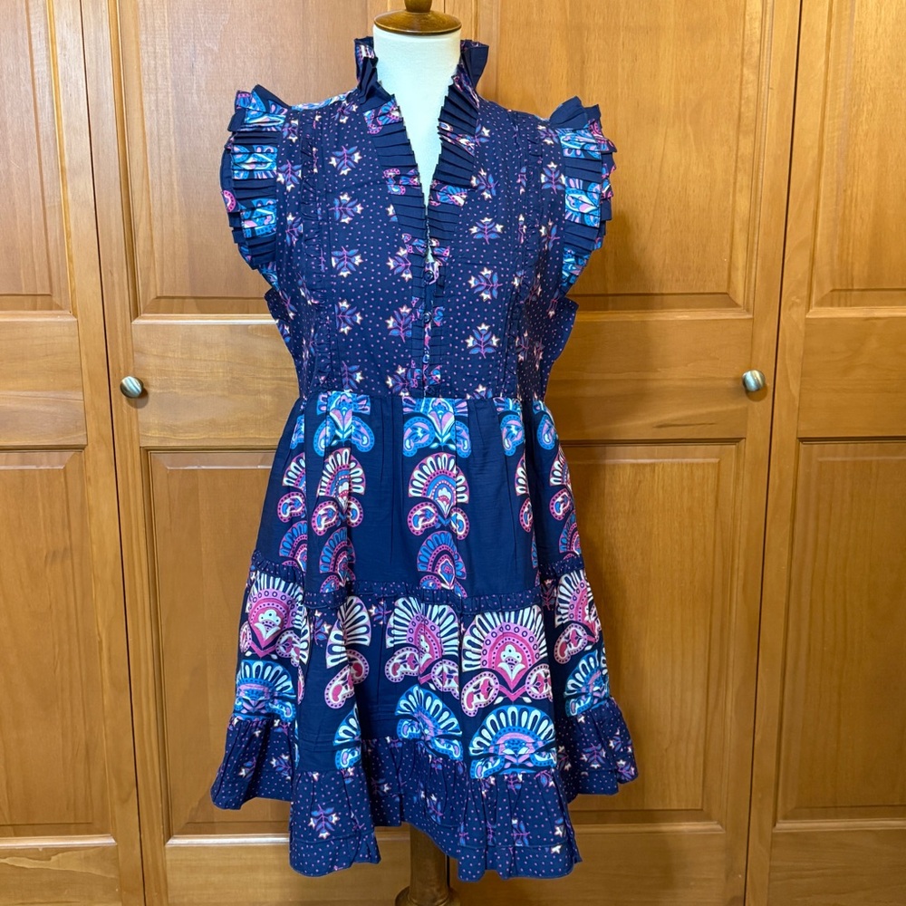 Caroline Constas Navy and Pink Ruffle Mini Dress